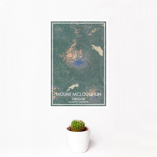 12x18 Mount McLoughlin Oregon Map Print Portrait Orientation in Afternoon Style With Small Cactus Plant in White Planter