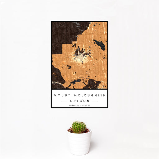 12x18 Mount McLoughlin Oregon Map Print Portrait Orientation in Ember Style With Small Cactus Plant in White Planter