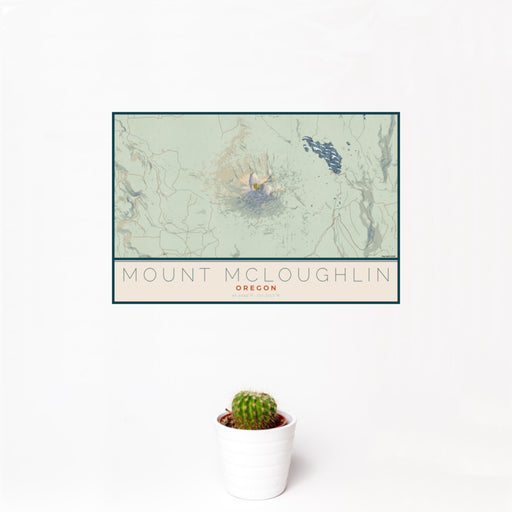 12x18 Mount McLoughlin Oregon Map Print Landscape Orientation in Woodblock Style With Small Cactus Plant in White Planter