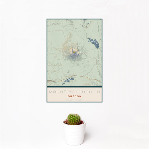 12x18 Mount McLoughlin Oregon Map Print Portrait Orientation in Woodblock Style With Small Cactus Plant in White Planter