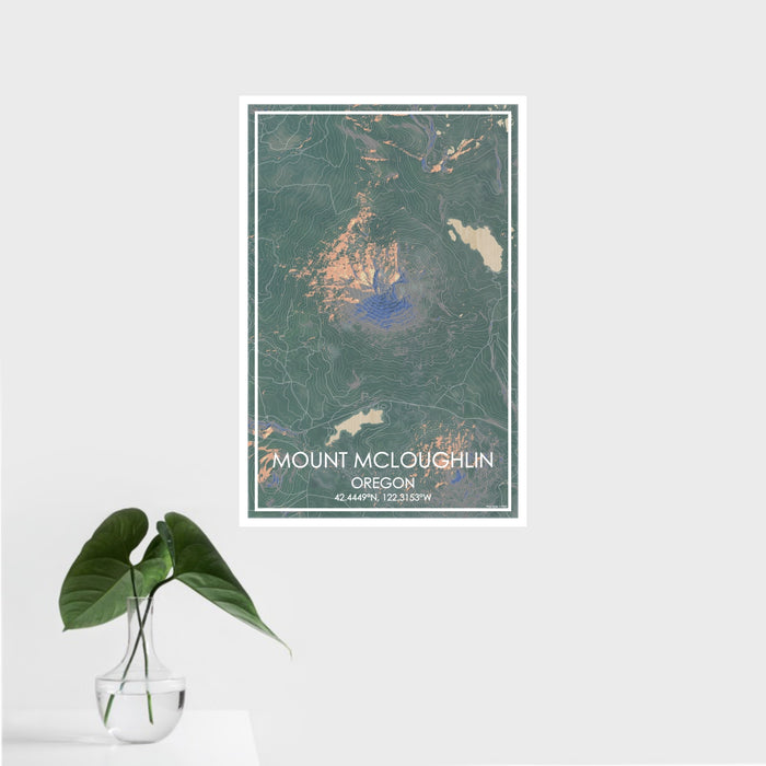 16x24 Mount McLoughlin Oregon Map Print Portrait Orientation in Afternoon Style With Tropical Plant Leaves in Water