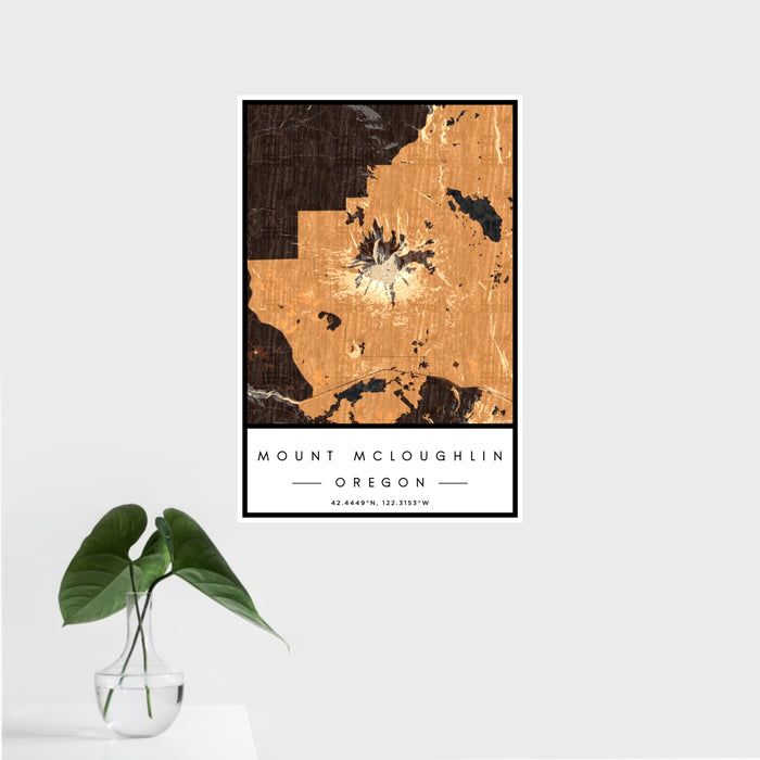 16x24 Mount McLoughlin Oregon Map Print Portrait Orientation in Ember Style With Tropical Plant Leaves in Water