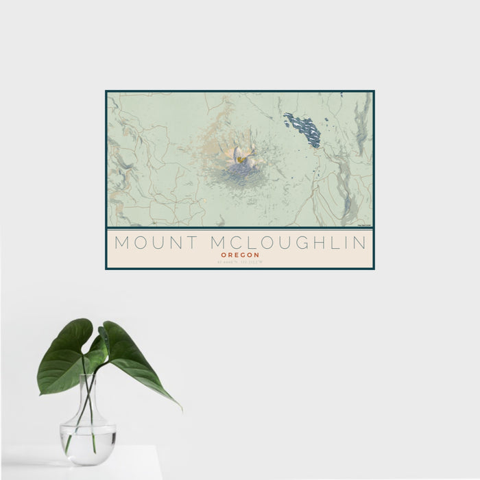 16x24 Mount McLoughlin Oregon Map Print Landscape Orientation in Woodblock Style With Tropical Plant Leaves in Water