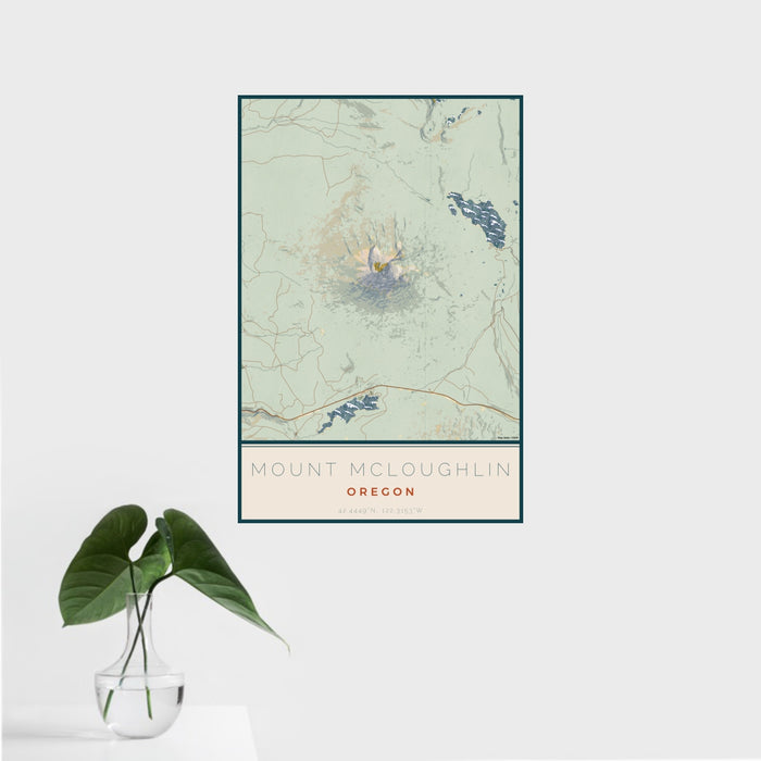 16x24 Mount McLoughlin Oregon Map Print Portrait Orientation in Woodblock Style With Tropical Plant Leaves in Water