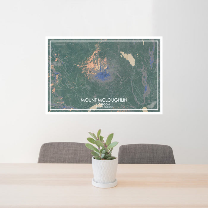 24x36 Mount McLoughlin Oregon Map Print Lanscape Orientation in Afternoon Style Behind 2 Chairs Table and Potted Plant
