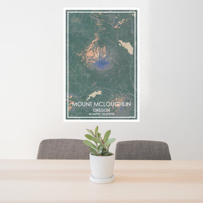 24x36 Mount McLoughlin Oregon Map Print Portrait Orientation in Afternoon Style Behind 2 Chairs Table and Potted Plant
