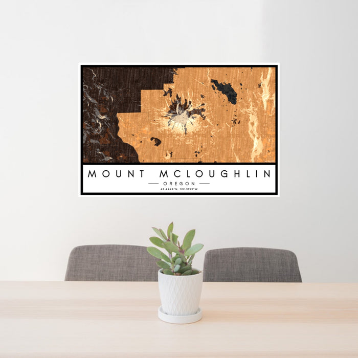 24x36 Mount McLoughlin Oregon Map Print Lanscape Orientation in Ember Style Behind 2 Chairs Table and Potted Plant