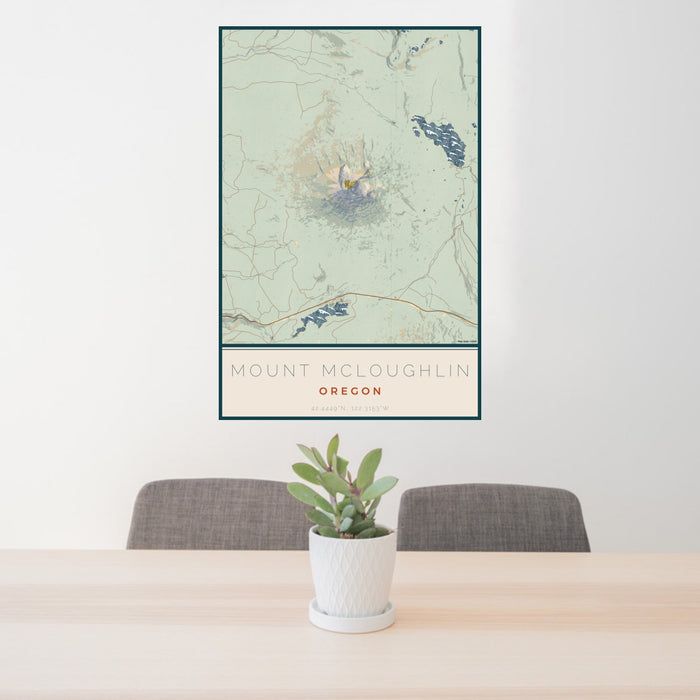 24x36 Mount McLoughlin Oregon Map Print Portrait Orientation in Woodblock Style Behind 2 Chairs Table and Potted Plant