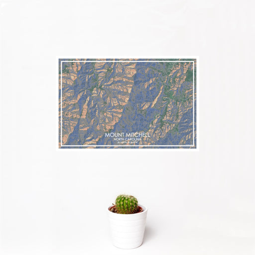 12x18 Mount Mitchell North Carolina Map Print Landscape Orientation in Afternoon Style With Small Cactus Plant in White Planter