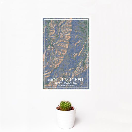 12x18 Mount Mitchell North Carolina Map Print Portrait Orientation in Afternoon Style With Small Cactus Plant in White Planter