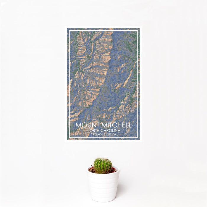 12x18 Mount Mitchell North Carolina Map Print Portrait Orientation in Afternoon Style With Small Cactus Plant in White Planter