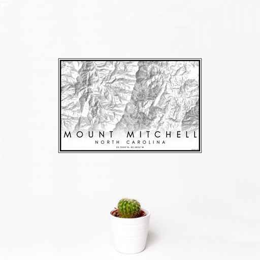 12x18 Mount Mitchell North Carolina Map Print Landscape Orientation in Classic Style With Small Cactus Plant in White Planter