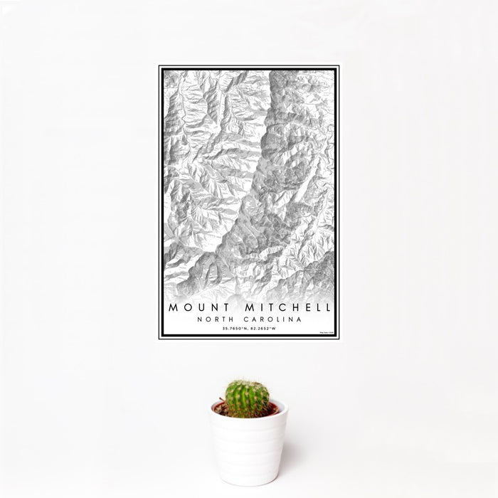 12x18 Mount Mitchell North Carolina Map Print Portrait Orientation in Classic Style With Small Cactus Plant in White Planter