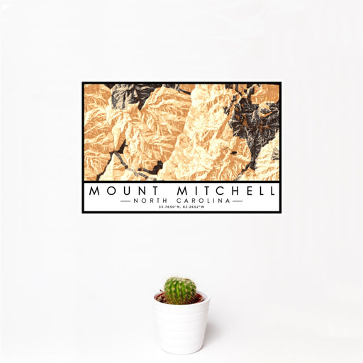 12x18 Mount Mitchell North Carolina Map Print Landscape Orientation in Ember Style With Small Cactus Plant in White Planter