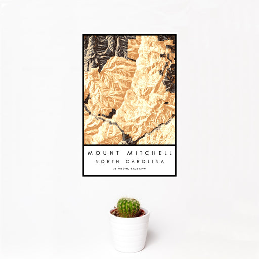 12x18 Mount Mitchell North Carolina Map Print Portrait Orientation in Ember Style With Small Cactus Plant in White Planter