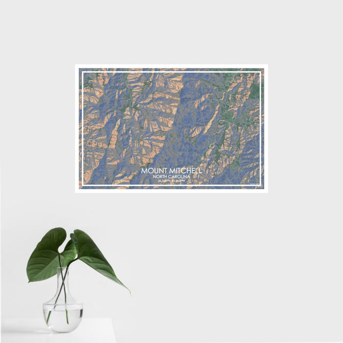 16x24 Mount Mitchell North Carolina Map Print Landscape Orientation in Afternoon Style With Tropical Plant Leaves in Water