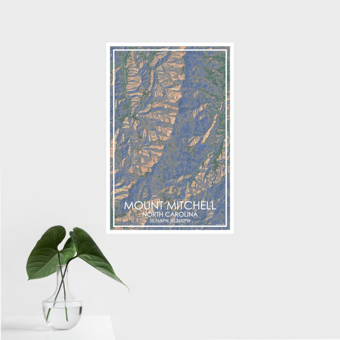 16x24 Mount Mitchell North Carolina Map Print Portrait Orientation in Afternoon Style With Tropical Plant Leaves in Water