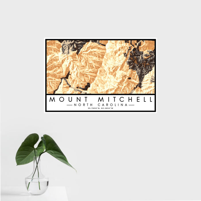 16x24 Mount Mitchell North Carolina Map Print Landscape Orientation in Ember Style With Tropical Plant Leaves in Water