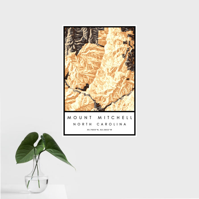 16x24 Mount Mitchell North Carolina Map Print Portrait Orientation in Ember Style With Tropical Plant Leaves in Water