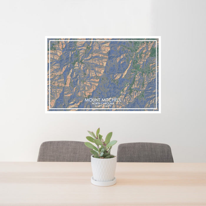 24x36 Mount Mitchell North Carolina Map Print Lanscape Orientation in Afternoon Style Behind 2 Chairs Table and Potted Plant