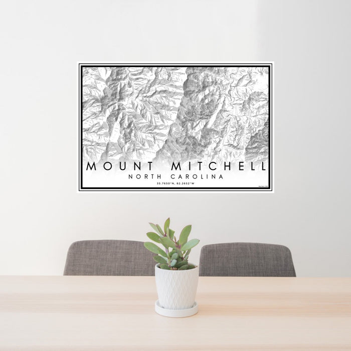 24x36 Mount Mitchell North Carolina Map Print Lanscape Orientation in Classic Style Behind 2 Chairs Table and Potted Plant