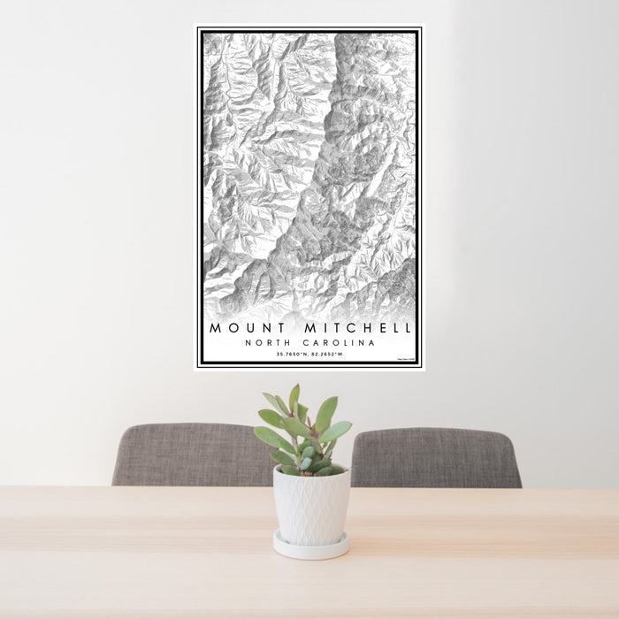 24x36 Mount Mitchell North Carolina Map Print Portrait Orientation in Classic Style Behind 2 Chairs Table and Potted Plant