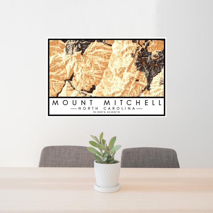 24x36 Mount Mitchell North Carolina Map Print Lanscape Orientation in Ember Style Behind 2 Chairs Table and Potted Plant
