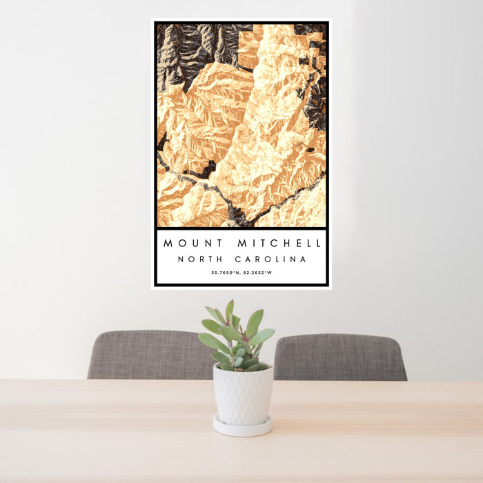 24x36 Mount Mitchell North Carolina Map Print Portrait Orientation in Ember Style Behind 2 Chairs Table and Potted Plant