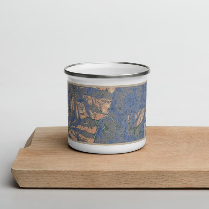 Front View Custom Mount Mitchell North Carolina Map Enamel Mug in Afternoon on Cutting Board