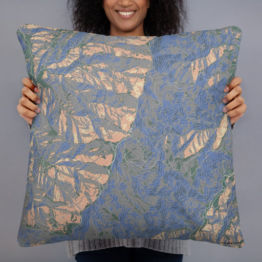 Person holding 22x22 Custom Mount Mitchell North Carolina Map Throw Pillow in Afternoon