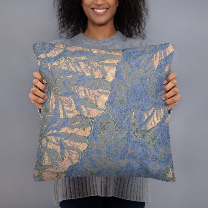 Person holding 18x18 Custom Mount Mitchell North Carolina Map Throw Pillow in Afternoon