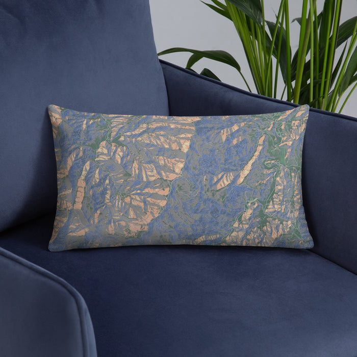 Custom Mount Mitchell North Carolina Map Throw Pillow in Afternoon on Blue Colored Chair