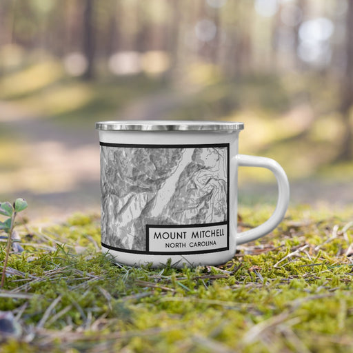 Right View Custom Mount Mitchell North Carolina Map Enamel Mug in Classic on Grass With Trees in Background