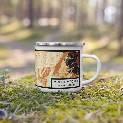 Right View Custom Mount Mitchell North Carolina Map Enamel Mug in Ember on Grass With Trees in Background