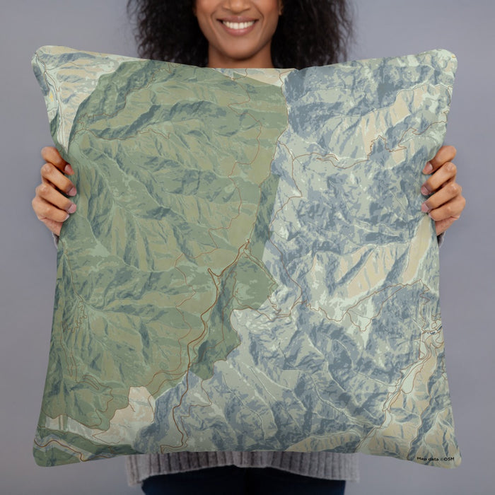 Person holding 22x22 Custom Mount Mitchell North Carolina Map Throw Pillow in Woodblock