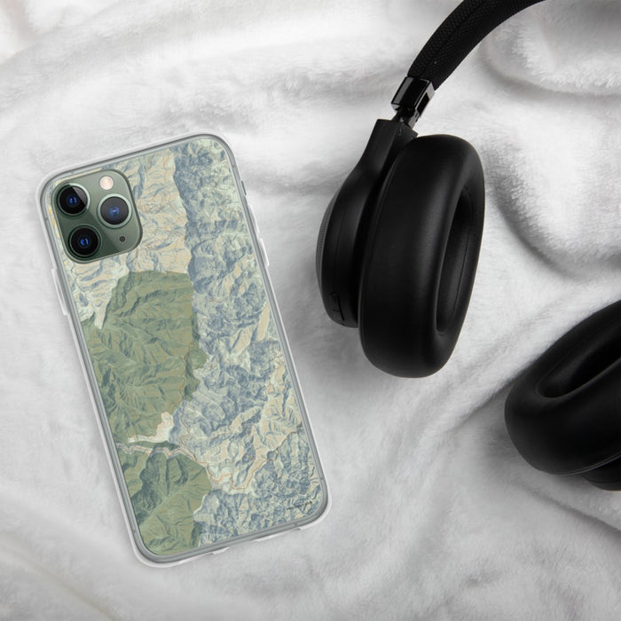 Custom Mount Mitchell North Carolina Map Phone Case in Woodblock on Table with Black Headphones