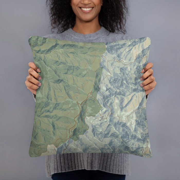 Person holding 18x18 Custom Mount Mitchell North Carolina Map Throw Pillow in Woodblock