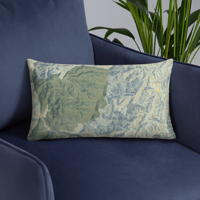 Custom Mount Mitchell North Carolina Map Throw Pillow in Woodblock on Blue Colored Chair