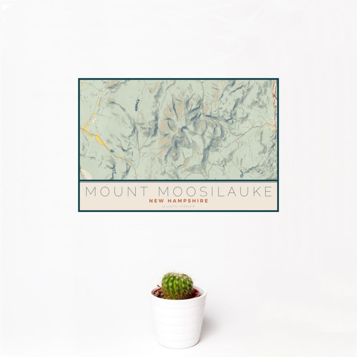 12x18 Mount Moosilauke New Hampshire Map Print Landscape Orientation in Woodblock Style With Small Cactus Plant in White Planter