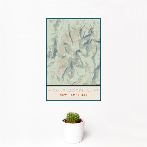 12x18 Mount Moosilauke New Hampshire Map Print Portrait Orientation in Woodblock Style With Small Cactus Plant in White Planter