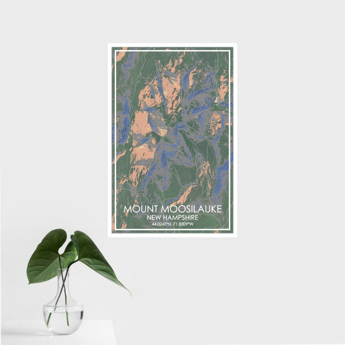 16x24 Mount Moosilauke New Hampshire Map Print Portrait Orientation in Afternoon Style With Tropical Plant Leaves in Water