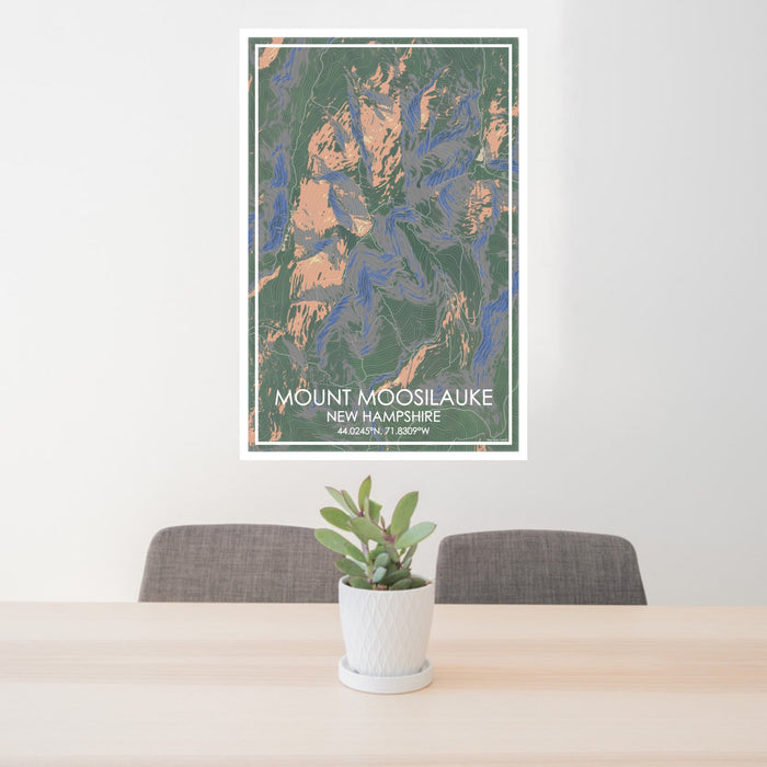 24x36 Mount Moosilauke New Hampshire Map Print Portrait Orientation in Afternoon Style Behind 2 Chairs Table and Potted Plant