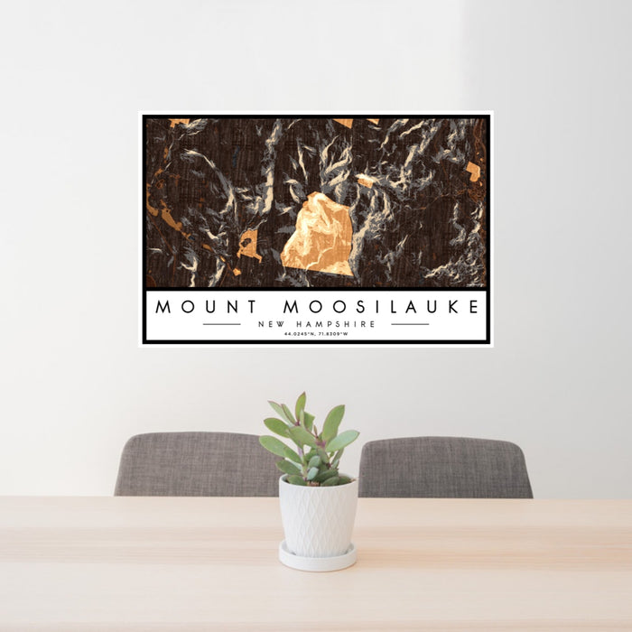 24x36 Mount Moosilauke New Hampshire Map Print Lanscape Orientation in Ember Style Behind 2 Chairs Table and Potted Plant