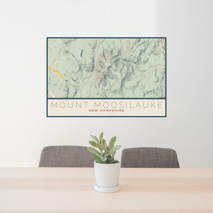 24x36 Mount Moosilauke New Hampshire Map Print Lanscape Orientation in Woodblock Style Behind 2 Chairs Table and Potted Plant