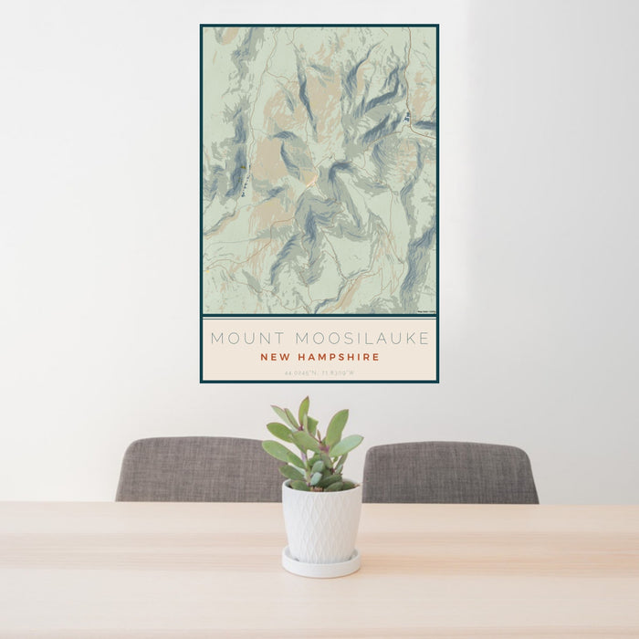 24x36 Mount Moosilauke New Hampshire Map Print Portrait Orientation in Woodblock Style Behind 2 Chairs Table and Potted Plant