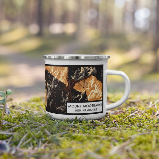 Right View Custom Mount Moosilauke New Hampshire Map Enamel Mug in Ember on Grass With Trees in Background