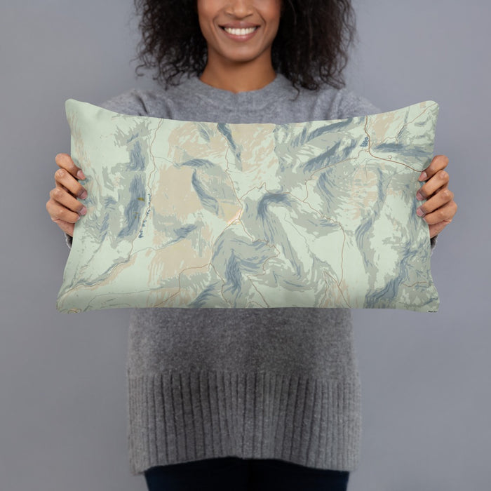 Person holding 20x12 Custom Mount Moosilauke New Hampshire Map Throw Pillow in Woodblock