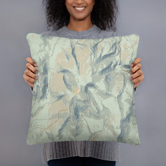 Person holding 18x18 Custom Mount Moosilauke New Hampshire Map Throw Pillow in Woodblock