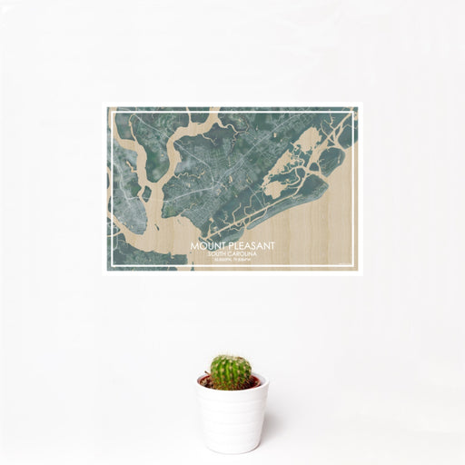 12x18 Mount Pleasant South Carolina Map Print Landscape Orientation in Afternoon Style With Small Cactus Plant in White Planter