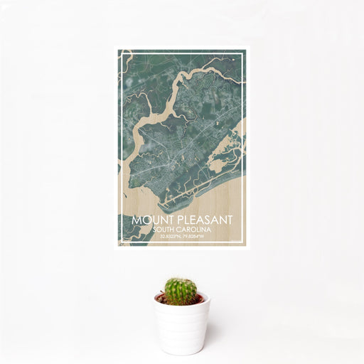 12x18 Mount Pleasant South Carolina Map Print Portrait Orientation in Afternoon Style With Small Cactus Plant in White Planter